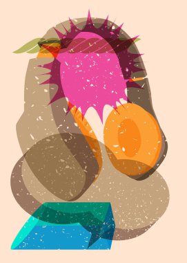 Konuşma balonu ve geometrik şekilli Risograph Kulaklığı. Ses hoparlörü, modayı takip eden riso grafik desen tasarımlı geometri elemanları.