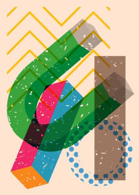 Geometrik şekilli risograf mıknatısı. Moda riso grafik desenli nesneleri olan at nalı mıknatısı geometri elementleriyle desen tasarımı.