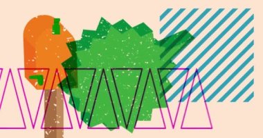 Konuşma baloncuklu ve geometrik şekilli risograph posta kutusu animasyonu. Moda riso grafik tasarım videosunda nesne taşınıyor.