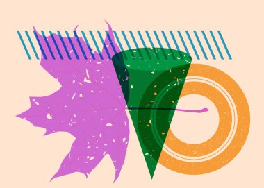 Geometrik şekilli Sonbahar Yaprağı Risograph. Geometri elemanları ile modayı gösteren riso grafik desen tasarımı nesneleri.
