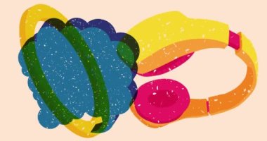 Konuşma balonu ve geometrik şekilli Risograph Kulaklığı animasyon. Moda riso grafik tasarım videosunda nesne taşınıyor.