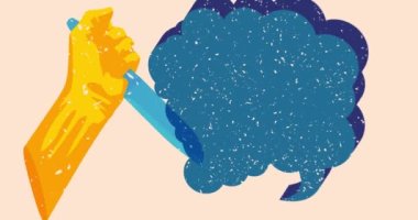 Elinde konuşma balonu ve geometrik şekiller olan bir mutfak bıçağı. Moda riso grafik tasarım videosunda nesne taşınıyor.