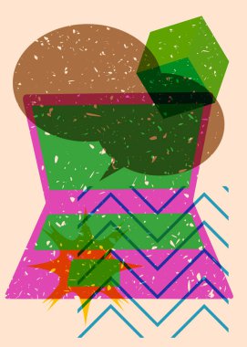 Konuşma balonu ve geometrik şekilli Risograph Laptop. Geometri elemanları ile modayı gösteren riso grafik desen tasarımı nesneleri.