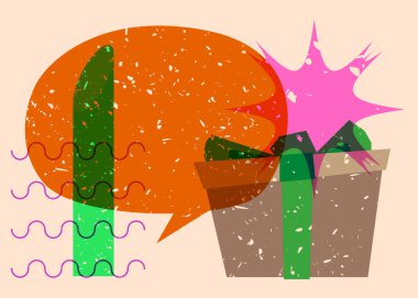 Geometrik şekilli konuşma baloncuklu Risograph hediye kutusu. Geometri elemanları ile moda riso grafik desen tasarımı tatil nesneleri.