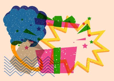 Geometrik şekilli konuşma baloncuklu Risograph hediye kutusu. Geometri elemanları ile moda riso grafik desen tasarımı tatil nesneleri.