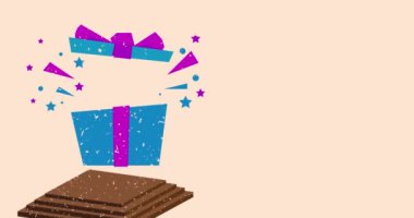 Konuşma balonu ve geometrik şekilli Risograph hediye kutusu animasyon. Moda riso grafik tasarım videosunda bayram nesnesi taşınıyor.