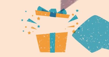 Konuşma balonu ve geometrik şekilli Risograph hediye kutusu animasyon. Moda riso grafik tasarım videosunda bayram nesnesi taşınıyor.