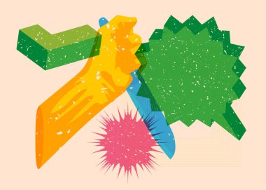 Risograph Kitchen Bıçağı elinde konuşma balonu ve geometrik şekillerle. Geometri elementleri ile moda riso grafik desen tasarımı korkunç katil nesne.