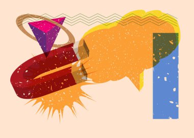 Konuşma balonu ve geometrik şekilli risograf mıknatısı. Moda riso grafik desenli nesneleri olan at nalı mıknatısı geometri elementleriyle desen tasarımı.