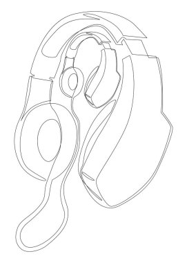 Sürekli bir kulaklık hattı. İnce Çizgi Resim Vektörü Listen Music, Podcast konsepti. Contour Yaratıcı Fikirler Çiziyor.