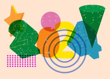 Geometrik şekilli Risograph 2024. Geometri elemanları ile modayı gösteren riso grafik desen tasarımı nesneleri.