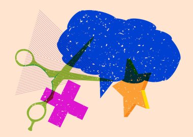 Geometrik şekilli konuşma baloncuklu Risograph makası. Geometri elemanları ile modayı gösteren riso grafik desen tasarımı nesneleri.