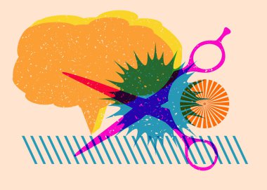 Geometrik şekilli konuşma baloncuklu Risograph makası. Geometri elemanları ile modayı gösteren riso grafik desen tasarımı nesneleri.