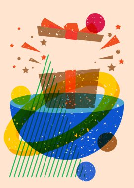 Geometrik şekilli Risograph hediye kutusu. Geometri elemanları ile moda riso grafik desen tasarımı tatil nesneleri.