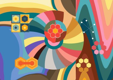 70 'li yılların arka planı, 1970' lerin minimalist, modaya uygun soyut sanat eserleri. Eski moda gökkuşağı renkli sanat eserleri.