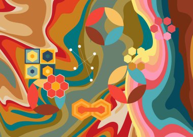 70 'li yılların arka planı, 1970' lerin minimalist, modaya uygun soyut sanat eserleri. Eski moda gökkuşağı renkli sanat eserleri.