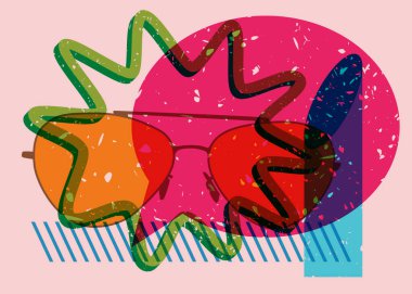 Geometrik şekilli gözlük ve konuşma balonu. Geometri elemanları ile trend riso grafik tasarımı göz giyimi nesnesi.