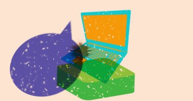 Konuşma balonu ve geometrik şekilli Risograph Laptop animasyonu. Moda riso grafik tasarım videosunda nesne taşınıyor.