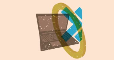 Geometrik şekilli Risograph Laptop animasyonu. Moda riso grafik tasarım videosunda nesne taşınıyor.