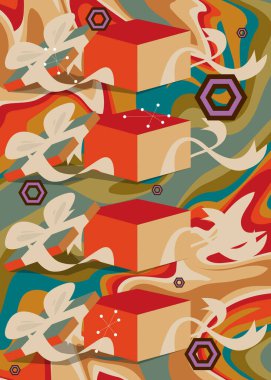 70 'lerin geçmişinde hediye kutusuyla birlikte. Harika bir tatildi. 1970 'lerin sanat şablonu. Minimalist Vintage tasarım posteri. Eski moda renkli sanat eserleri.