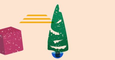Geometrik şekilli Risograph Çam Ağacı animasyonu. Moda riso grafik tasarım videosunda bayram nesnesi taşınıyor.