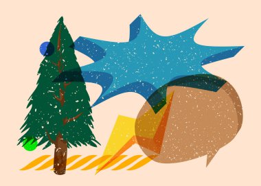 Geometrik şekilli bir konuşma baloncuğuyla Noel Ağacı 'nı riske at. Moda riso grafik desen tasarımı Geometri elemanları ile Çam Ağacı.