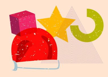 Geometrik şekilli Risograph Noel Baba Şapkası. Geometri elemanları ile modayı gösteren riso grafik desen tasarımı nesneleri.