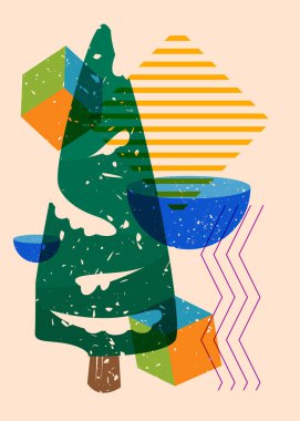 Geometrik şekilli risograph Noel Ağacı. Çam ağacı ve modayı takip eden riso grafik desen tasarımı geometri elementleriyle.