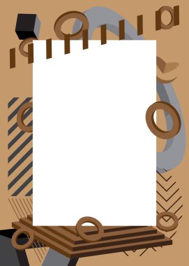 Siyah ve kahverengi geometrik grafik retro temalı ve yazı için beyaz bir yer. Minimum geometrik elementler çerçevesi. Reklam için klasik soyut şekiller vektör illüstrasyonuName.