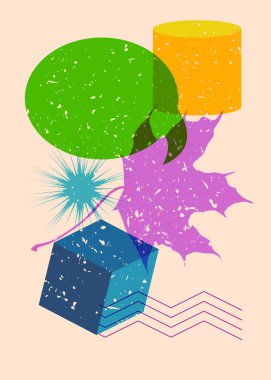 Sonbahar Yaprağı 'nı geometrik şekilli konuşma baloncuğuyla Risograph et. Geometri elemanları ile modayı gösteren riso grafik desen tasarımı nesneleri.