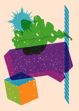 Sonbahar Yaprağı 'nı geometrik şekilli konuşma baloncuğuyla Risograph et. Geometri elemanları ile modayı gösteren riso grafik desen tasarımı nesneleri.