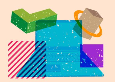 Geometrik şekilli Risograph Laptop. Geometri elemanları ile modayı gösteren riso grafik desen tasarımı nesneleri.