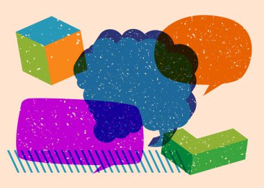 Geometrik şekilli üç konuşma baloncuğu. Geometri elemanları ile modayı gösteren riso grafik desen tasarımı nesneleri.