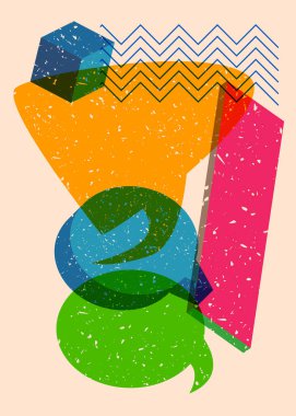 Geometrik şekilli üç konuşma baloncuğu. Geometri elemanları ile modayı gösteren riso grafik desen tasarımı nesneleri.