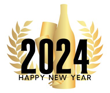 2024 numaralı kurdele ve mutlu yıllar mesajı. Banner şablonu. Beyaz arka planda siyah ve altın etiketi var. İmzala.