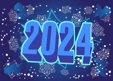 2024 numaralı kar tanesi arkaplanı. Tatil afişi, Kış, Kar, Noel afişi.