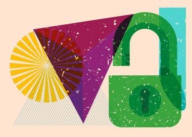 Geometrik şekilli risograph asma kilit. Geometri elemanları ile modayı gösteren riso grafik desen tasarımı nesneleri.