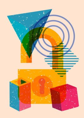 Geometrik şekilli risograph asma kilit. Geometri elemanları ile modayı gösteren riso grafik desen tasarımı nesneleri.