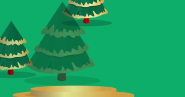 Yeşil, kırmızı ve altın renkli maket ürünleri Noel temalı çam ağacı ve orman animasyonlarını sergiliyor. Silindir kaidesel podyum videosu. Sunum için sahne gösterisi.