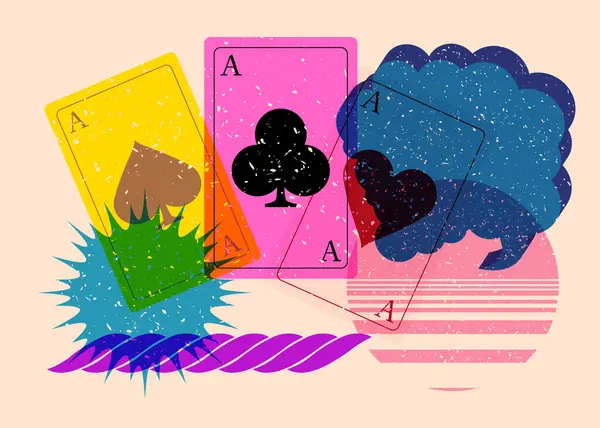 Geometrik şekilli konuşma baloncuklu Risograph Poker Kartı. Geometri elemanları ile modayı gösteren riso grafik desen tasarımı nesneleri.