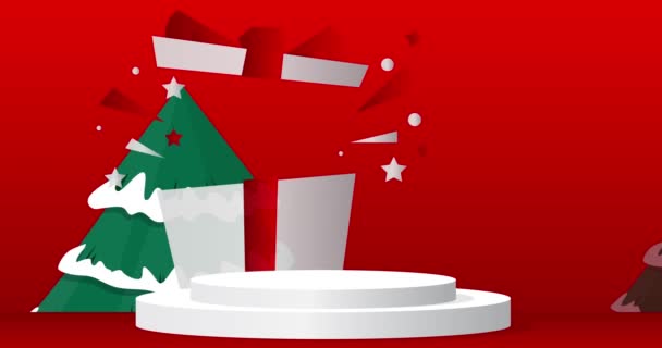 クリスマスモックアップ製品は サンタクロース 松の木 ギフトボックスでアニメーションを表示します シリンダー休日のペデスタル表彰台ビデオ お祝いのプレゼンテーションのためのステージショーケース ミニマルジオメトリック — ストック動画