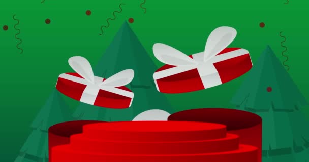 クリスマスモックアップ製品は サンタクロース 松の木 ギフトボックスでアニメーションを表示します シリンダー休日のペデスタル表彰台ビデオ お祝いのプレゼンテーションのためのステージショーケース ミニマルジオメトリック — ストック動画