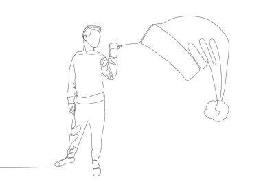 Sürekli bir insan çizgisi Santa Hat 'i işaret ediyor. İnce Çizgili Noel Resmetme Vektörü konsepti. Contour Yaratıcı Fikirler Çiziyor.