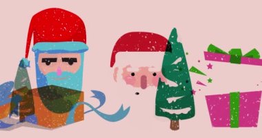 Risograf bayramı, geometrik şekilli Noel animasyon. Çam Ağacı, Hediye Kutusu, Noel Baba Başı, Geometri elementleriyle video dokusu tasarımı modaya uygun nesnelerle yüz yüze.