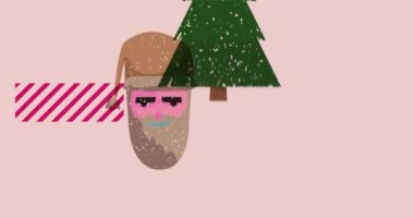 Risograf bayramı, geometrik şekilli Noel animasyon. Çam Ağacı, Hediye Kutusu, Noel Baba Başı, Geometri elementleriyle video dokusu tasarımı modaya uygun nesnelerle yüz yüze.