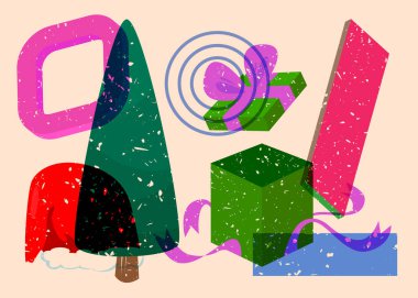Risograf bayramı, geometrik şekilli Noel. Çam Ağacı, Hediye Kutusu, Noel Baba Şapkası Geometri elementleriyle modayı takip eden riso grafik desenli nesneler.