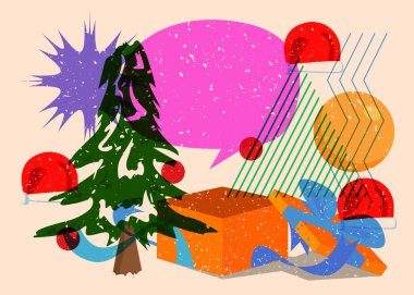 Risograf bayramı, konuşma baloncukları ve geometrik şekillerle Noel. Çam Ağacı, Hediye Kutusu, Noel Baba Şapkası Geometri elementleriyle modayı takip eden riso grafik desenli nesneler.