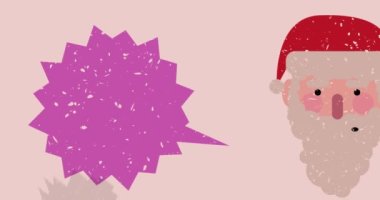 Risograph Noel Baba kafası, konuşma balonu ve geometrik şekiller animasyonu. Moda riso grafik tasarım videosunda nesne taşınıyor.
