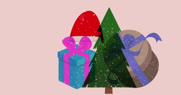 Διακοπές Risograph Χριστούγεννα Γεωμετρικά Σχήματα Animation Πεύκο Δέντρο Κουτί Δώρου — Αρχείο Βίντεο