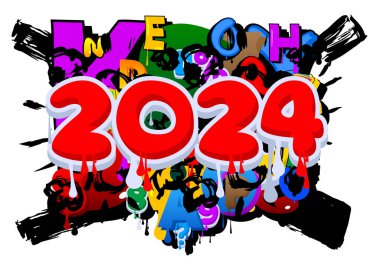 2024 Graffiti etiketi. Soyut modern tatil sokak sanatı dekorasyonu şehir boyama tarzında gerçekleştirildi.